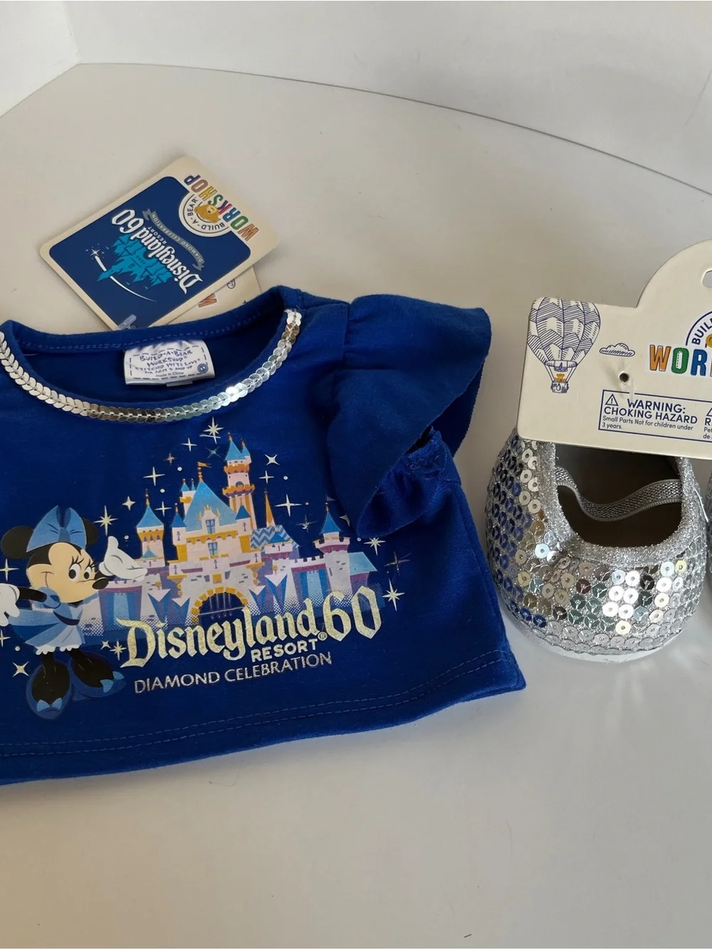 Set of Build-A-Bear Workshop blue Silver Sequin top, headband shoes accessories